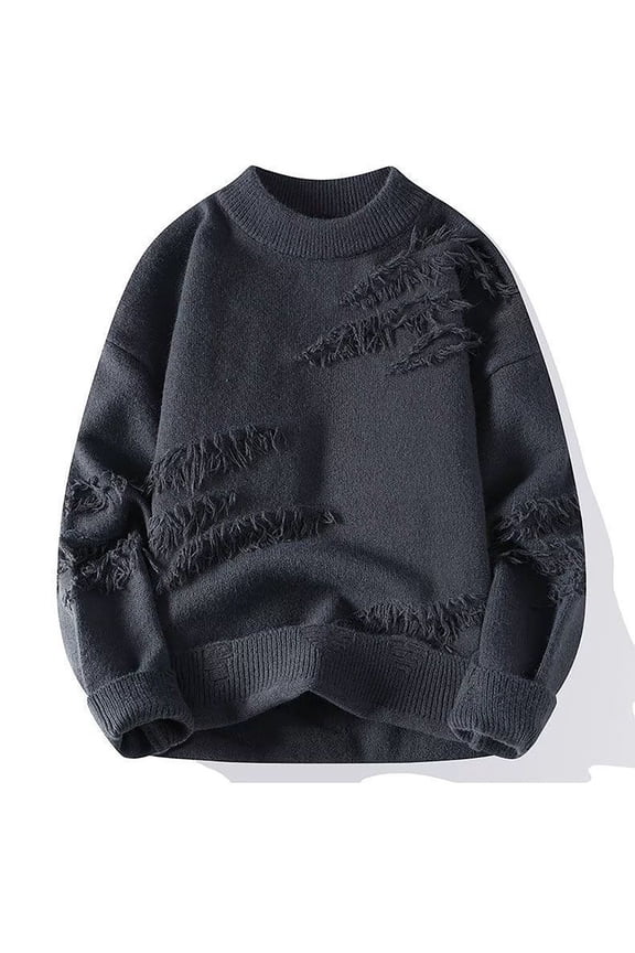 Mens Sweater Loose Oversized Ripped Pullover Knit Sweaters Stylish Drop Shoulder Casual Crewneck Long Sleeve Soft Rip Pattern Fall Winter Warm Fashion Jumpers, Gray (Small)