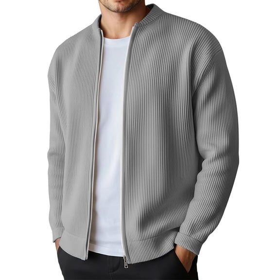 Mens Sweater Tops Chunky Knit Open Front Long Sleeve Lightweight Stand Collar Couple Gifts for Him and Her,Light Gray,M