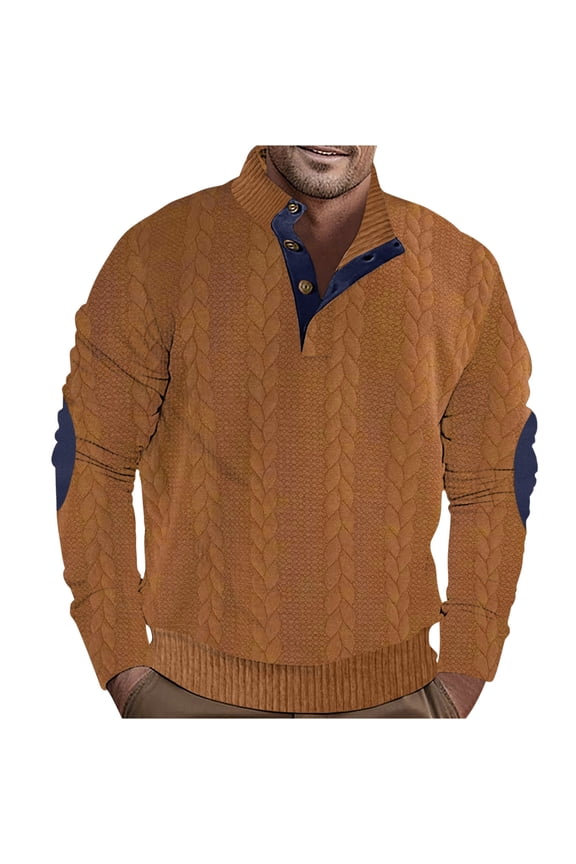 Mens Sweater Tops Textured Knit Patchwork Pullover Sweatshirt 1/4 Half Button Knitted Fall Winter Clothes (2XL, Brown)