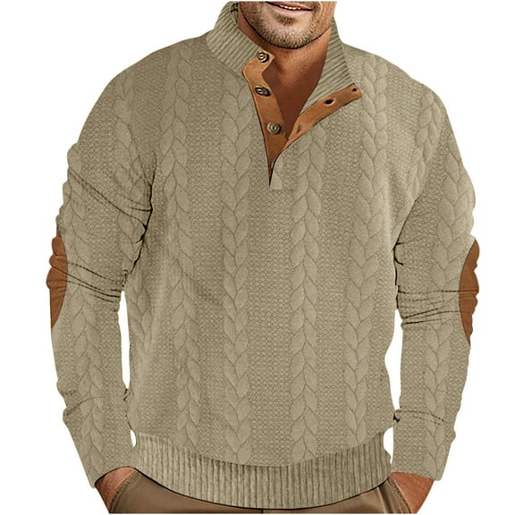 Mens Sweater Tops Textured Knit Patchwork Pullover Sweatshirt 1/4 Half Button Knitted Fall Winter Clothes (L, Khaki)