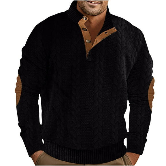 Mens Sweater Tops Textured Knit Patchwork Pullover Sweatshirt 1/4 Half Button Knitted Fall Winter Clothes (M, Black)