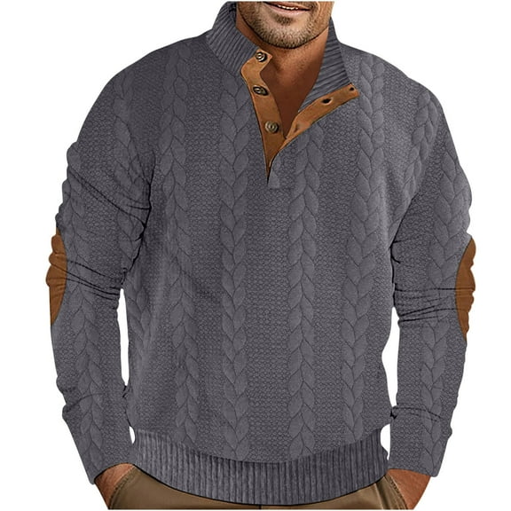 Mens Sweater Tops Textured Knit Patchwork Pullover Sweatshirt 1/4 Half Button Knitted Fall Winter Clothes (XL, Dark Gray)