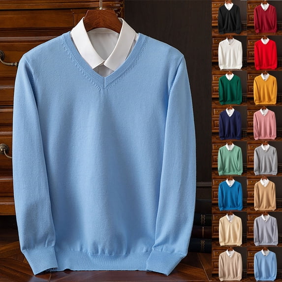 Mens Sweater Trendy Sweaters Knit Long Sleeve Sweater Mens Men's Fashionable Solid Color Pullover V-Neck Knitted Casual Long Sleeved Slim Sweater Yellow M