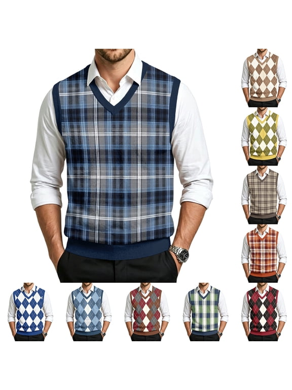 Mens Sweater Vest Argyle Plaid V Neck Knit Pullover Sleeveless Christmas Pattern Warm Casual Commute Waistcoat Tops