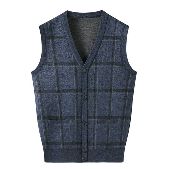 Mens Sweater Vest Tops Fashion V Neck Sleeveless Knit Fleece Button Down Plaid Mens Fall And Winter Clothing,Blue,XL