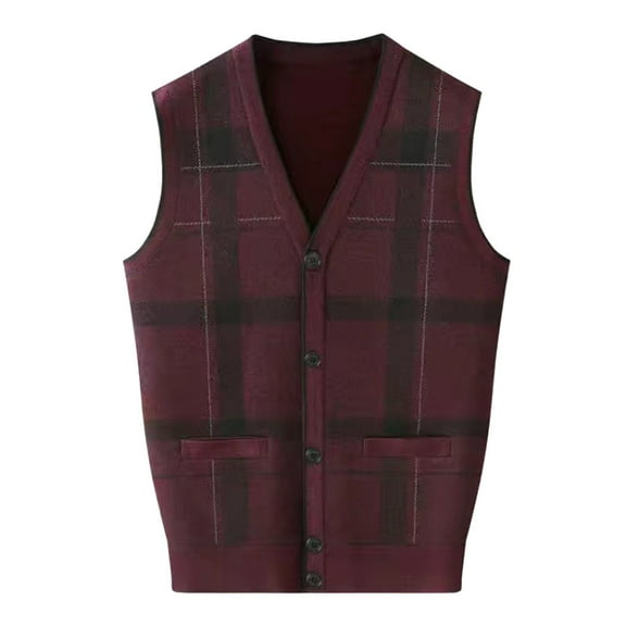 Mens Sweater Vest Tops Fashion V Neck Sleeveless Knit Fleece Button Up Mens Warm Shirt,Red,3XL