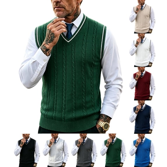Mens Sweater Vest V Neck Cable Knit Sweater,Sleeveless Regular Fit Casual Pullover for Fall Winter Layered Wear