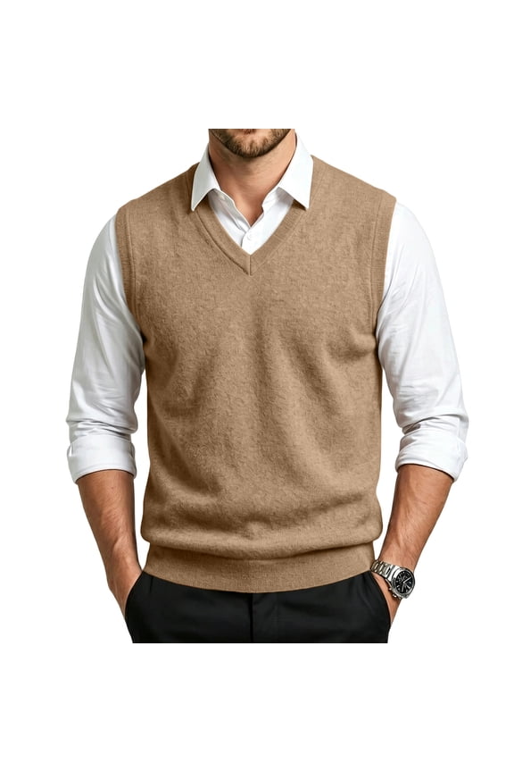 Mens Sweater Vest V Neck Sleeveless Knit Ribbed Hem Classic Fit Sweaters Soft Business Casual Office Daily Vest Fall Winter Pullover Top,Khaki XL