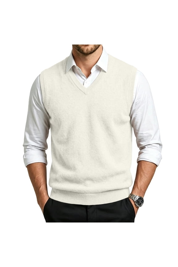 Mens Sweater Vest V Neck Sleeveless Knitted Ribbed Hem Classic Fit Vest Comfortable Elegant Business Top Formal Fall Pullover Clothes,Beige XXXXXL