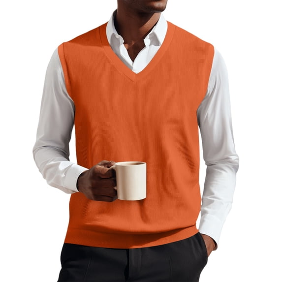 Mens Sweater Vests V Neck Sleeveless Knit Sweater Vest Casual Solid Color Pullover Classic Sweaters Tops For Casual Daily Layering L Orange