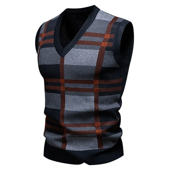 Mens Sweater Vests V Neck Vintage Plaid Print Lightweight Sleeveless Pullover Knit Tank Tops Casual Stylish