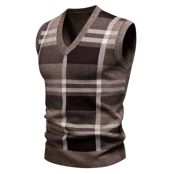 Mens Sweater Vests V Neck Vintage Plaid Print Lightweight Sleeveless Pullover Knit Tank Tops Casual Stylish