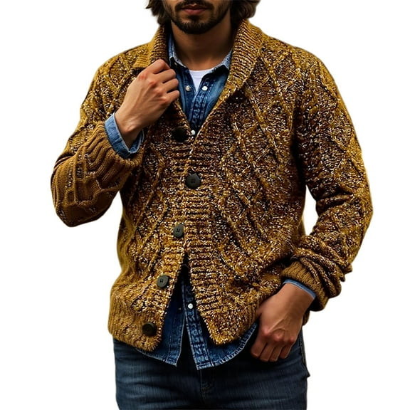 Mens Sweater - Winter Pattern Knitted Cardigan Long Sleeve Warm Lined Sweater Jacket, Fall Casual Outwear, Soft Lining Fabric, Cozy Daily Wear, Stylish Men's Clothing