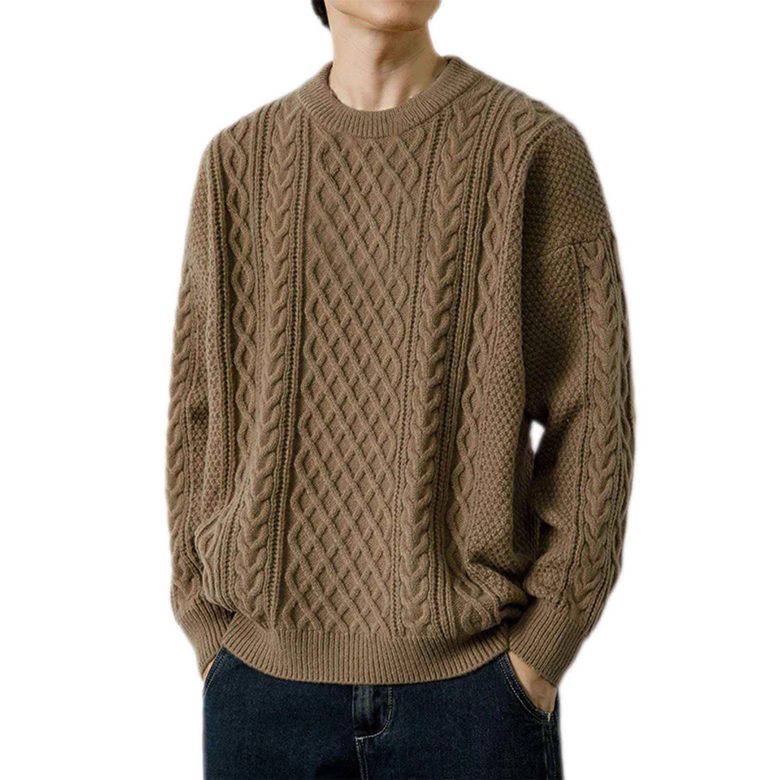 Mens Sweaters Big and Tall Mens Winter Round Neck Sweater Mens Knitwear Patterned Long Sleeved Solid Color Striped Loose Sweater Color Khaki Size
