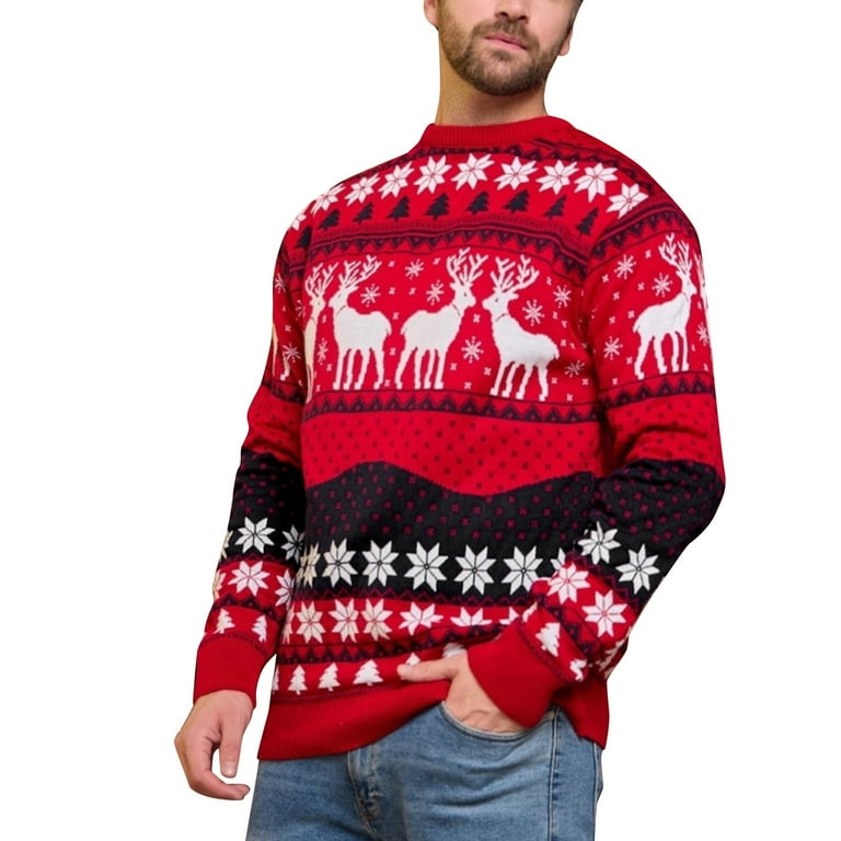 Mens Sweaters Big and Tall Men Christmas Snowflake Knitted Sweater Long Sleeve Crew Neck Print Pullover Knitwear Color Red Size M Walmart
