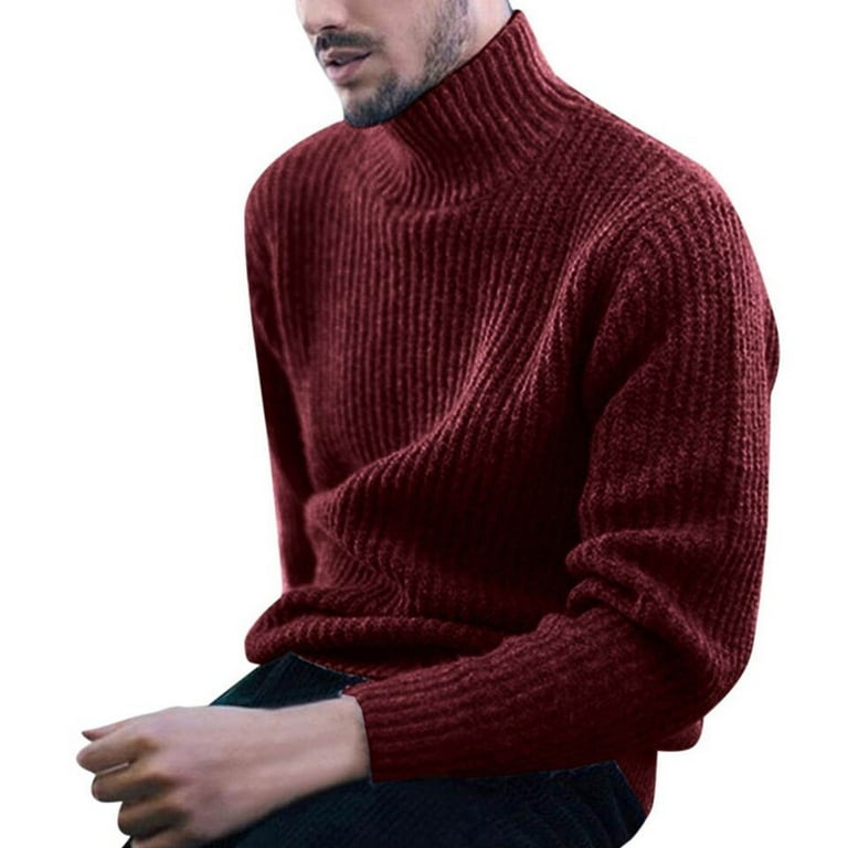 Mens Sweaters Big and Tall Men Loose Turtleneck Solid High Collar Striped Pullovers Knitted Sweaters Color Red Size L Walmart