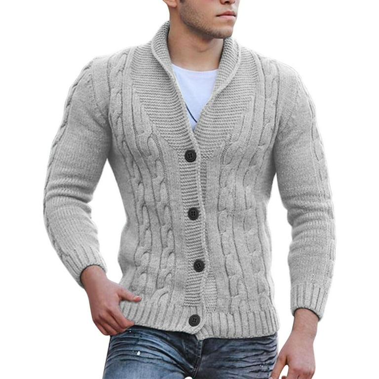 Mens Sweaters Big and Tall Mens Cable Knit Cardigan Sweater Shawl Collar Loose Fit Long Sleeve Cardigans Color Grey Size L Walmart