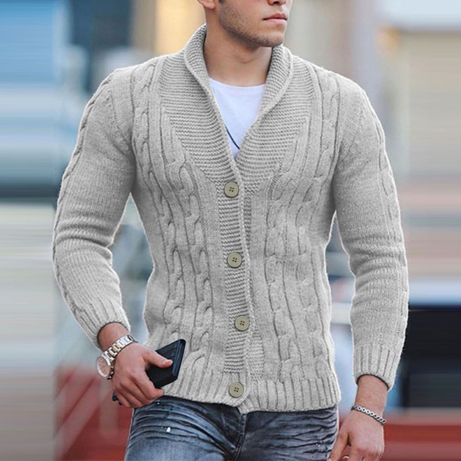 Mens Sweaters Cable Knit Cardigan Shawl Collar Loose Fit Long Sleeve ...