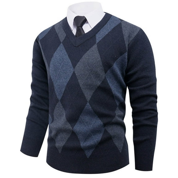 Mens Sweaters Casual V Neck Ribbed Knit Slim Fit Long Sleeve Argyle Pullover Fashion Sweater Dressy Wear (XL, Navy)