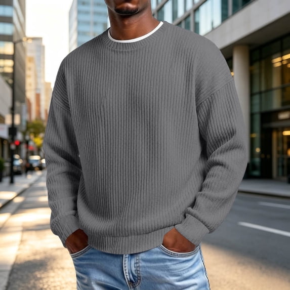 Mens Sweaters Crew Neck Long Sleeve Solid Color Fashion Loose Thicken Fall Pullover Sweater Dark Gray L