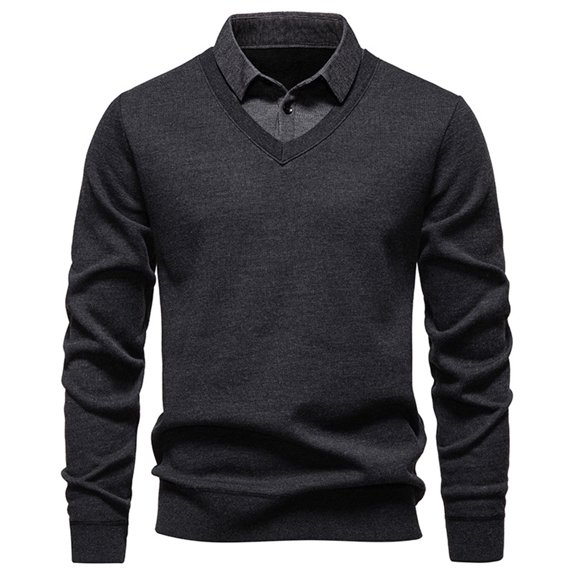 Mens Sweaters Knit Tops Blouse Two-Piece Shirt Collar Solid Long Sleeve Crew Neck Casual Fall Winter Pullover