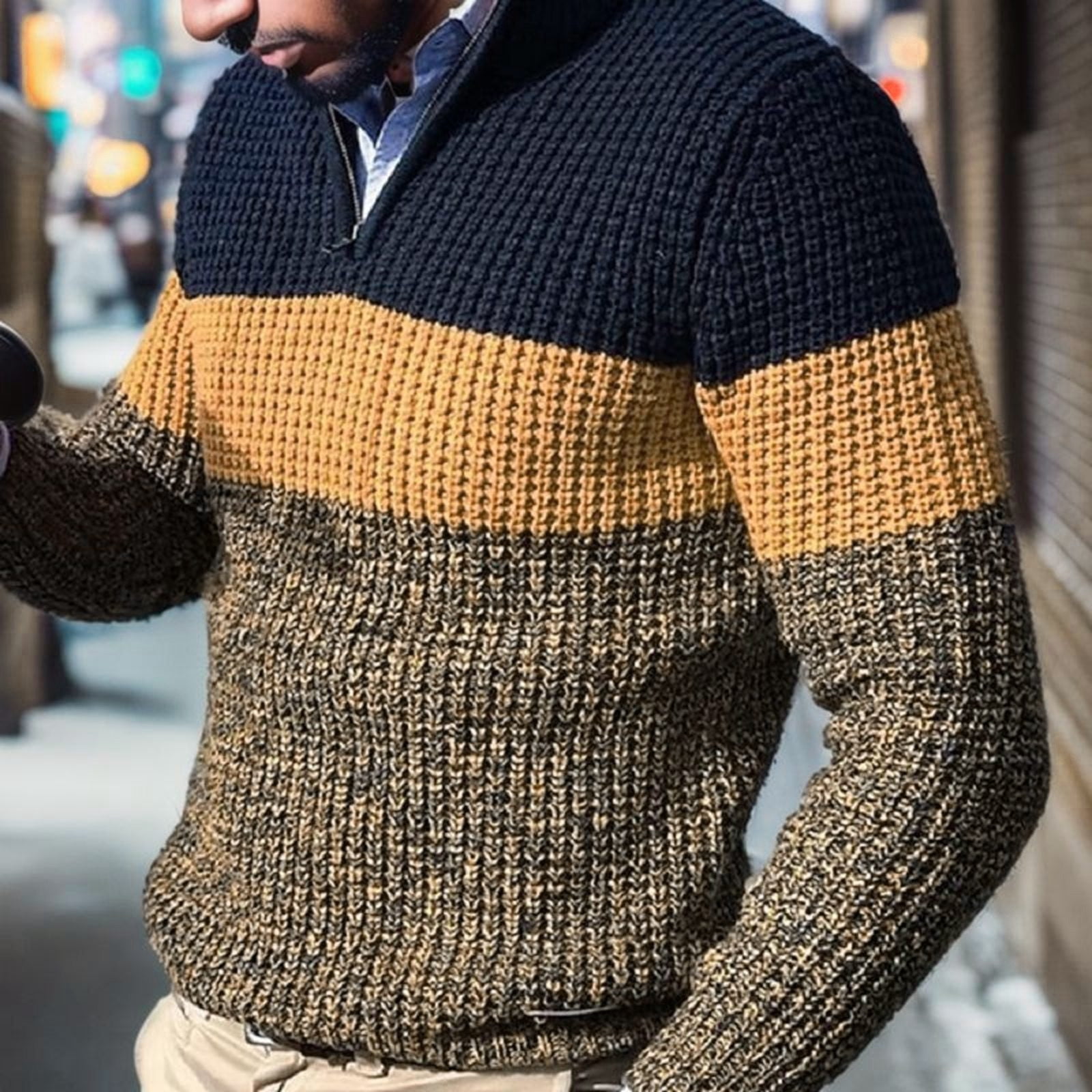 Mens Sweaters Quarter Zip Cable Knit Crew Neck Pullover Slim Fit Soft Thicken Casual Sweaters