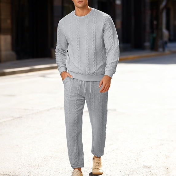 Mens Sweaters Quarter Zip Pullover Mens Quilted Sweatshirt and Pants Set (Grey S)