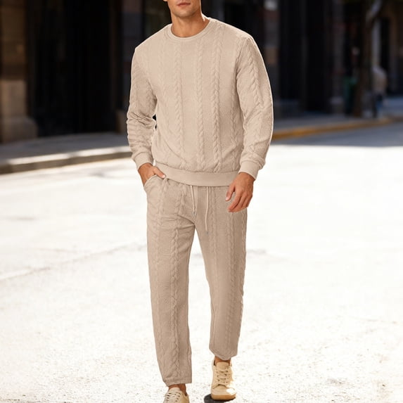 Mens Sweaters Quarter Zip Pullover Mens Quilted Sweatshirt and Pants Set (Khaki XL)