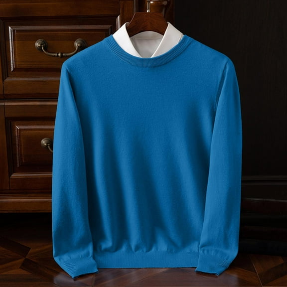 Mens Sweaters Slim Fit Round Neck Long Sleeve Plain Pullover Sweaters Stretchy Casual Fall Winter Tops (2XL, Blue)