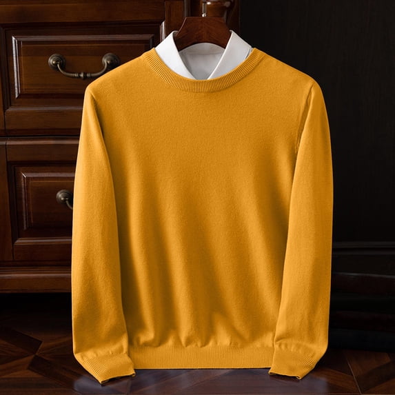 Mens Sweaters Slim Fit Round Neck Long Sleeve Plain Pullover Sweaters Stretchy Casual Fall Winter Tops (M, Yellow)