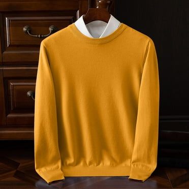 Mens Sweaters Slim Fit Round Neck Long Sleeve Plain Pullover Sweaters Stretchy Casual Fall Winter Tops (XL, Yellow)