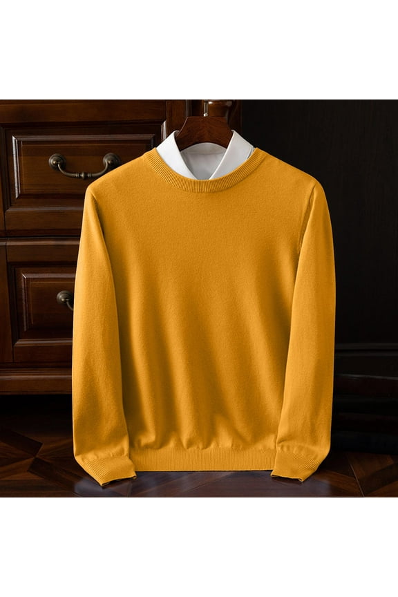 Mens Sweaters Slim Fit Round Neck Long Sleeve Plain Pullover Sweaters Stretchy Casual Fall Winter Tops (XL, Yellow)
