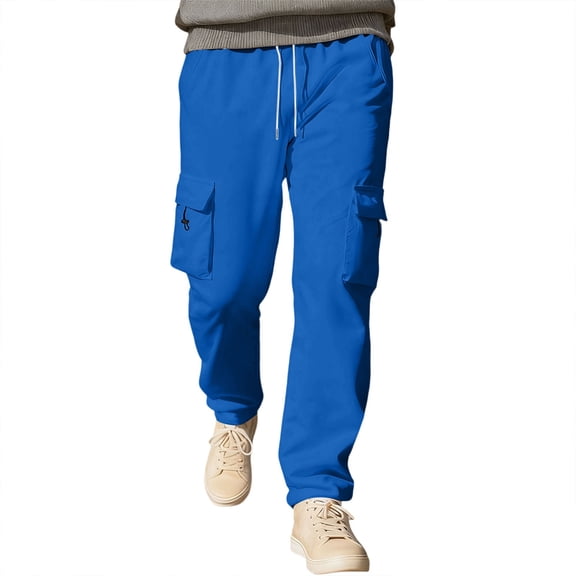 Mens Sweatpants Baggy Heavyweight Terry Straight Leg Cargo Pants Relaxed Fit Winter Casual Streetwear Trousers Blue XXL