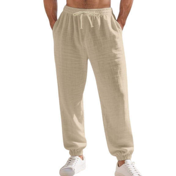 Mens Sweatpants Baggy Linen Jogger Pants Relaxed Fit Spring Fall Casual Beach Streetwear Over Size Trousers Beige S