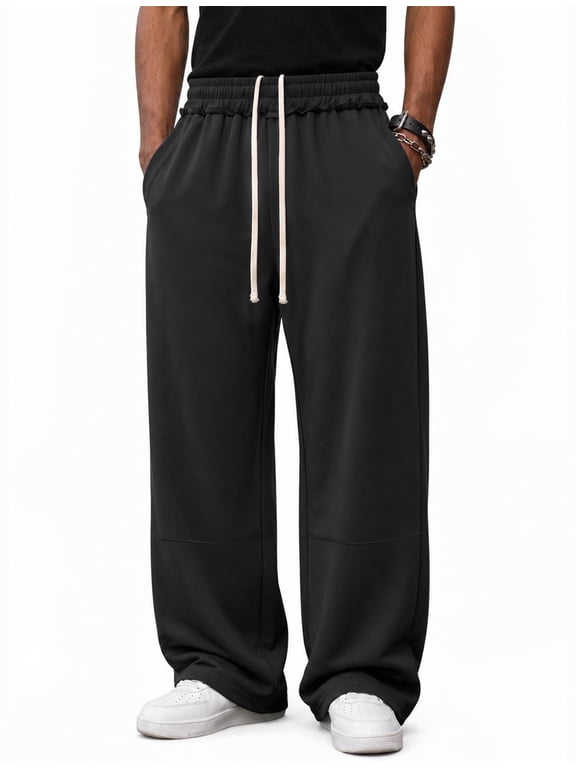 Mens Sweatpants Baggy Loose Fit Raw Hem Pants Casual Drawstring Pants Y2K Wide Leg Stretchy Pants with Pockets