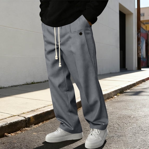Mens Sweatpants Elastic Waist Drawstring Baggy Tapered Pants With Pockets Gray XXL