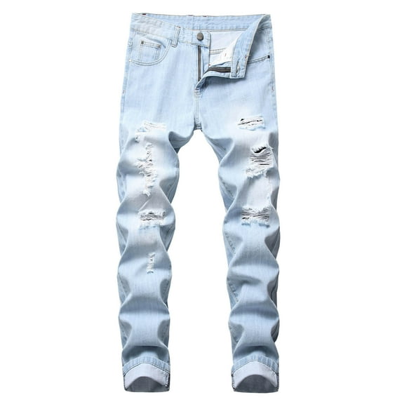 Mens Sweatpants Jeans Ripped Straight Leg Slim Fit Hole Men Warm Jeans,Light Blue,30