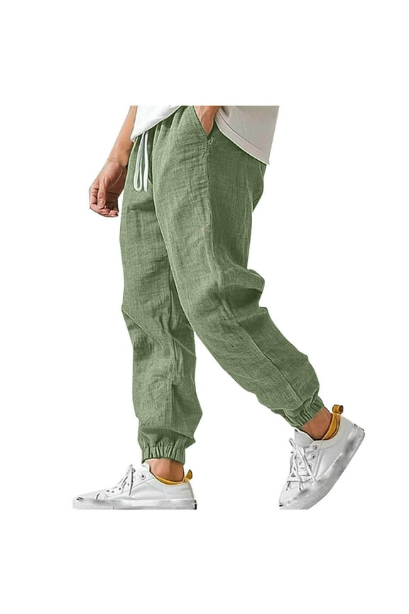 Mens Sweatpants Joggers, Men's Casual Cotton Linen Pants Lightweight Summer Relax Fit Elastic Waist Solid Lounge Long Trousers S-3XL