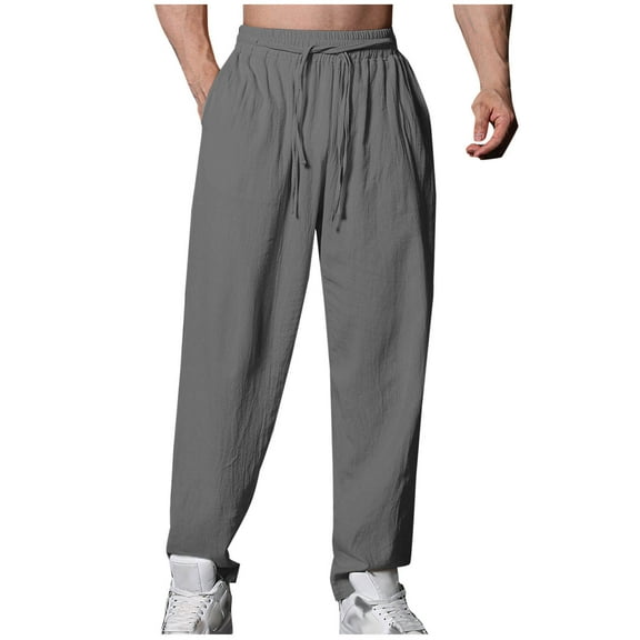 Mens Sweatpants, Men's Casual Linen Pants Elastic Waist Linen Pants Drawstring Summer Beach Yoga Linen Trouser S-2XL