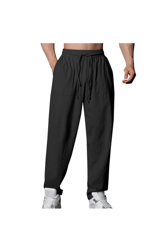 Mens Sweatpants, Men's Casual Linen Pants Elastic Waist Linen Pants Drawstring Summer Beach Yoga Linen Trouser S-2XL