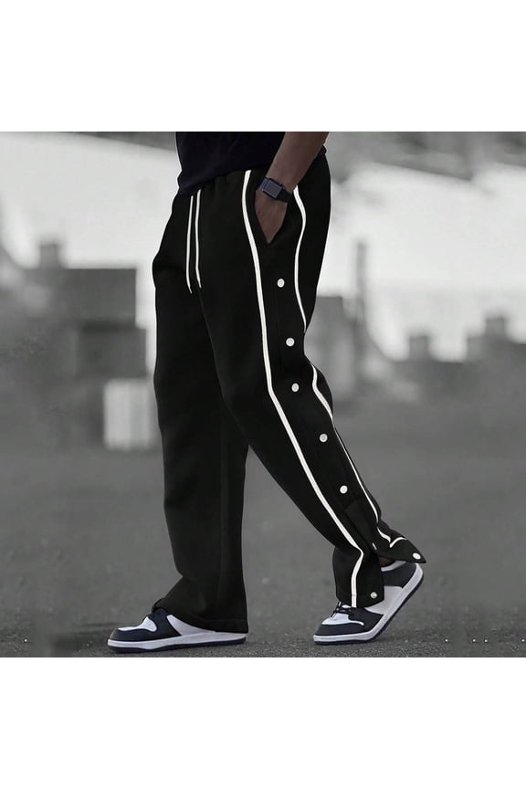Mens Sweatpants Open Bottom with Pockets Side Button Slit Straight Leg Pants Drawstring Elastic Waist Casual Athletic Workout Trousers
