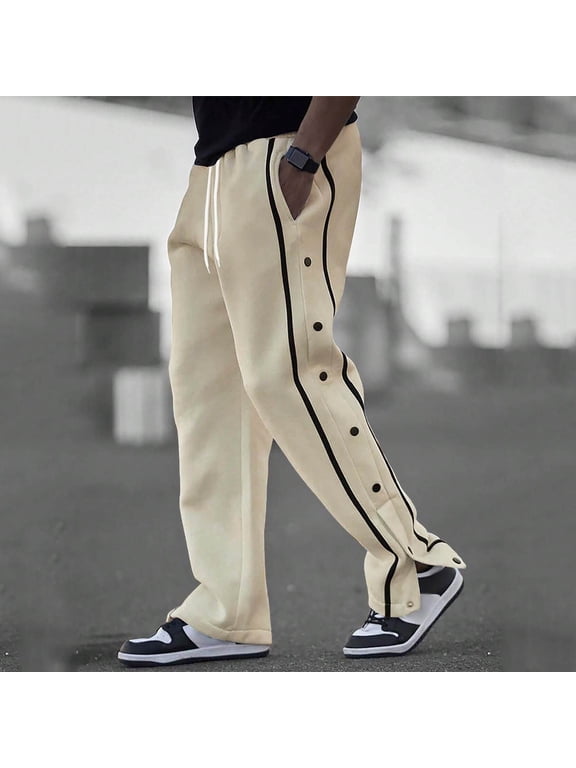 Mens Sweatpants Open Bottom with Pockets Side Button Slit Straight Leg Pants Drawstring Elastic Waist Casual Athletic Workout Trousers