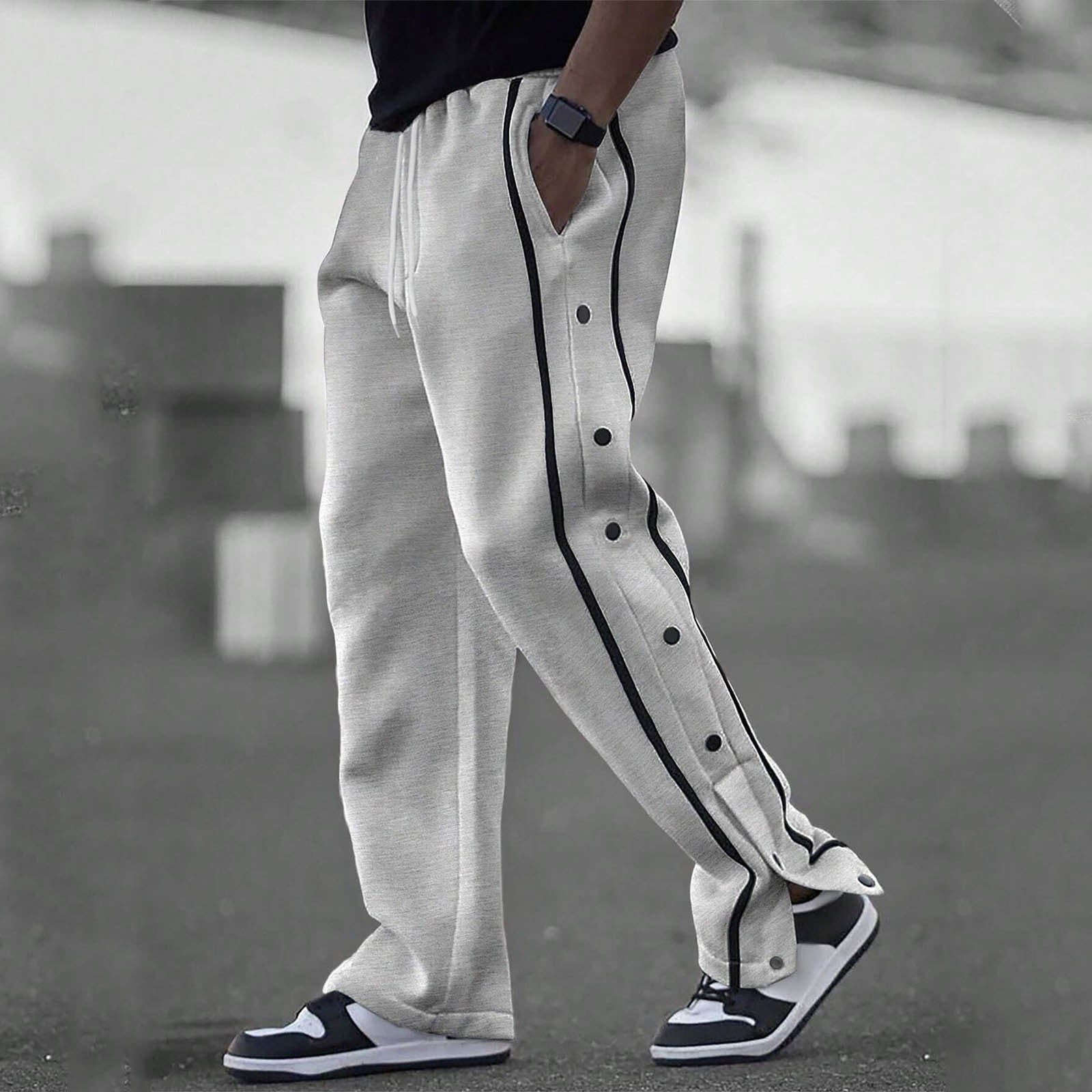 Mens Sweatpants Open Bottom with Pockets Side Button Slit Straight