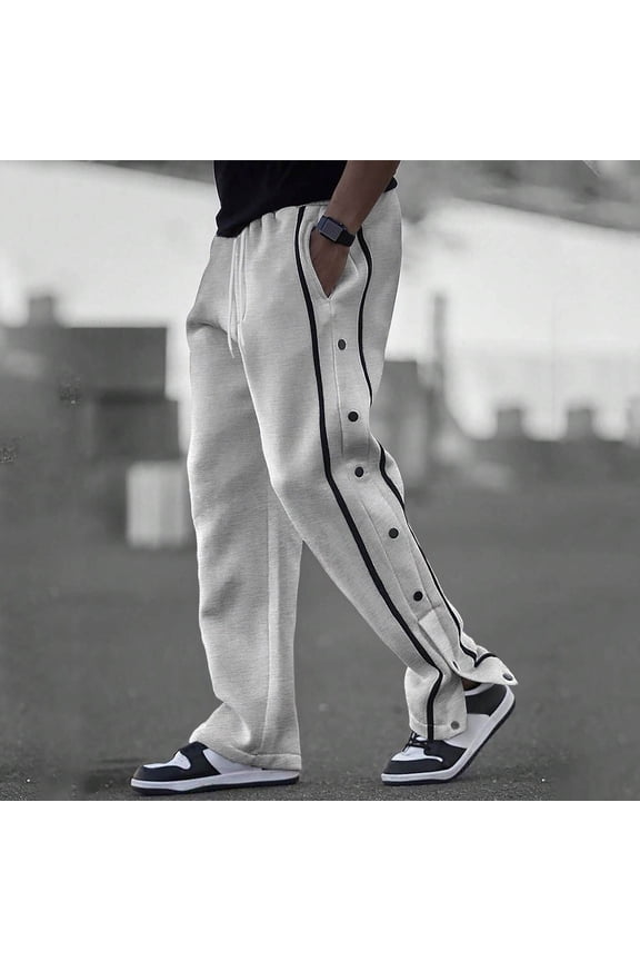 Mens Sweatpants Open Bottom with Pockets Side Button Slit Straight Leg Pants Drawstring Elastic Waist Casual Athletic Workout Trousers