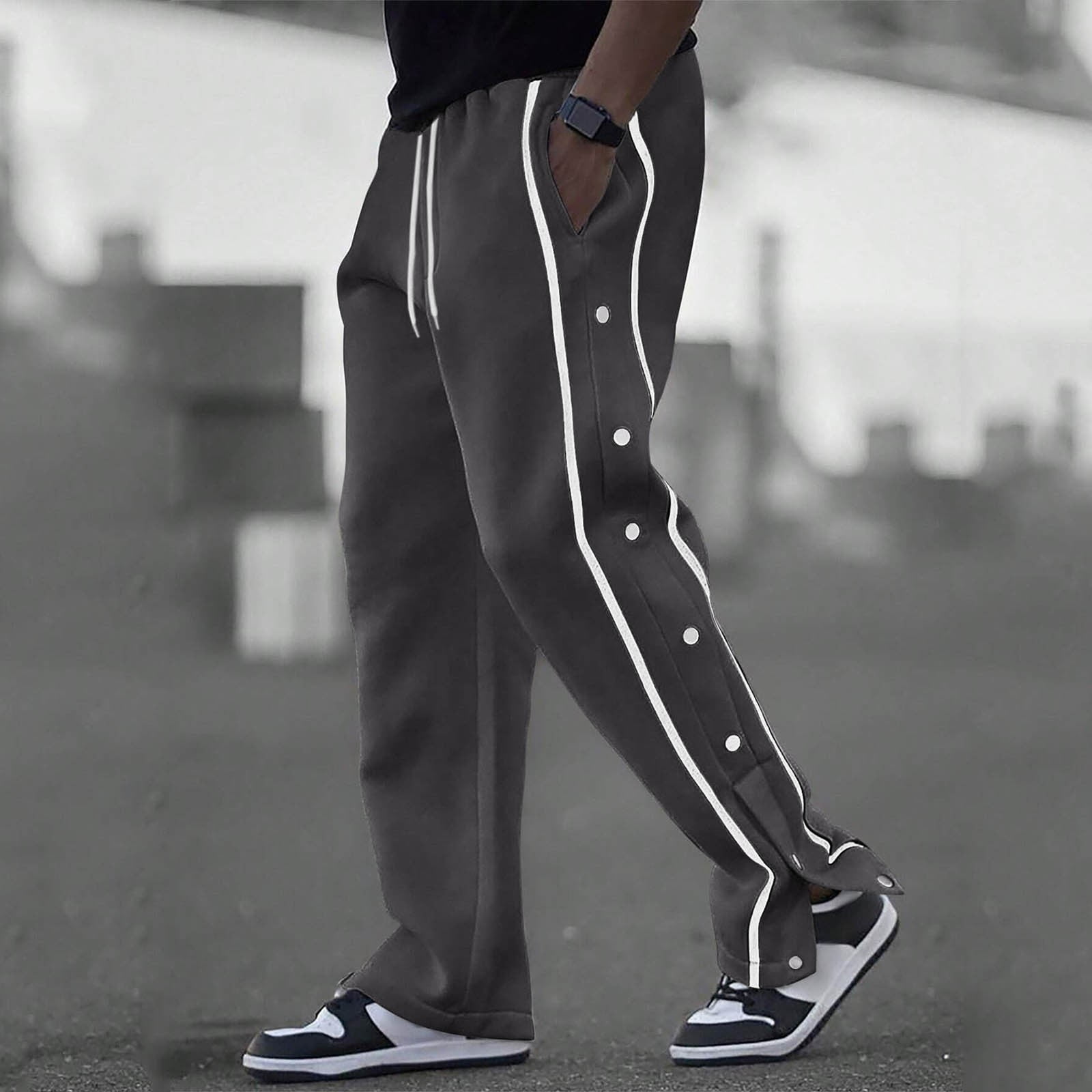Mens Sweatpants Open Bottom with Pockets Side Button Slit Straight