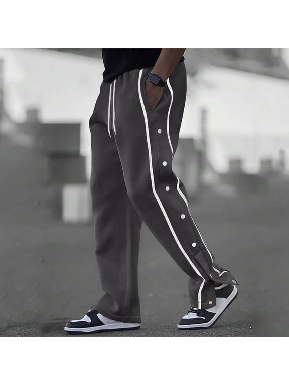 Mens Sweatpants Open Bottom with Pockets Side Button Slit Straight Leg Pants Drawstring Elastic Waist Casual Athletic Workout Trousers