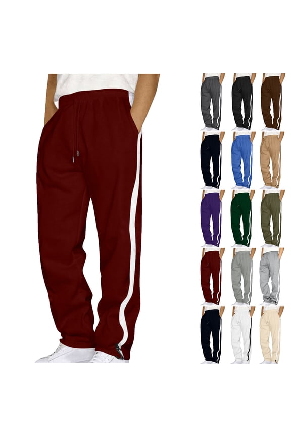 Mens Sweatpants with Pockets Outdoor Running Jogger Pants Loose Fit Athletic Pants for Workout Elastic Waist Drawstring Wide Leg Side Stripe Casual Trousers Wine S