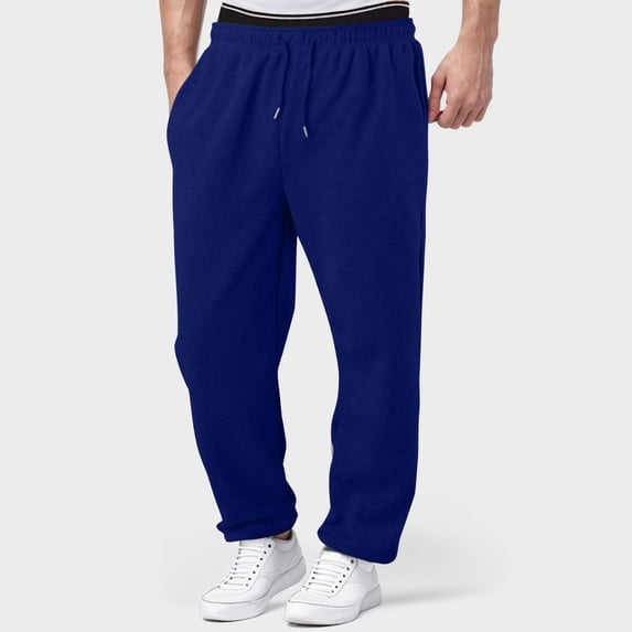 Mens Sweatpants Straight Wide Leg Casual Pants, High Resilient Elastic on Waist, No Elastic Open Trouser Leg Sweat Pants (Blue L)
