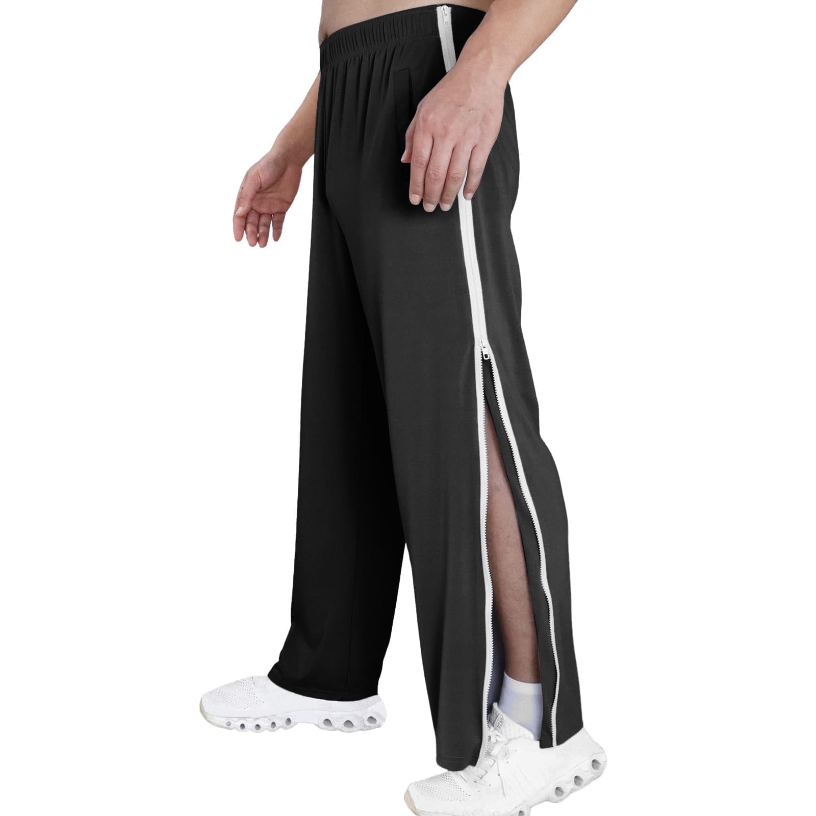 Mens Tear Away Basketball Pants 2 Side Zippers Snap off Full Open Down Sweatpants Leg Post Surgery Pant with Pockets Track Jogger Athletic Bottom Running Elastic Waist Sport Pants