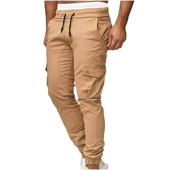 Mens Sweatpants Utility Hiking Work Pants Elastic Waist Twill Tapered Full Length Trousers Khaki XL